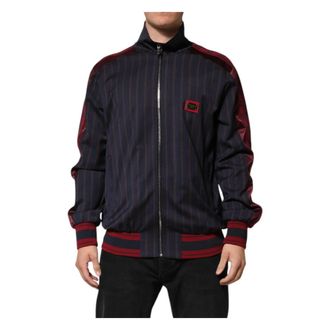 Dolce & Gabbana Blauw Rood Logo Plaque Rits Jas - Heren - Zomerjassen - Blauw - L - Wol - Jassen