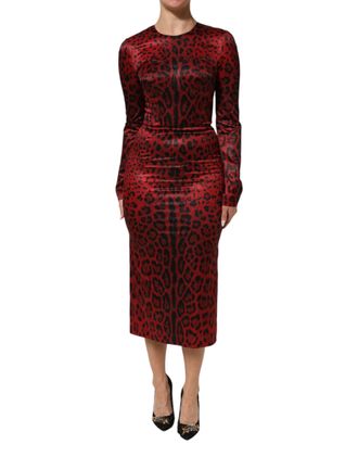 Dolce & Gabbana Red Leopard Sheath Long Sleeves Womens Dress