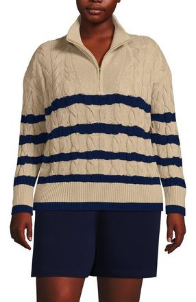 Lands End Drifter Cotton Quarter Zip Pullover Sweater in Champagne/deep Sea Gulf Stripe at Nordstrom, Size 1X