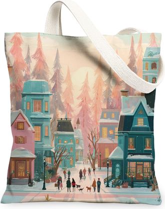 Generic Winter Village Canvas Tote Bags, Colorful House Pattern Reusable Grocery Bags, Lightweight Washable Shoulder Strap Canvas F, Multicolor, 13x15 Inch