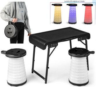 Costway Conjunto Mesa Plegable Camping y Taburete Plegable Telescópico Portátil con led, Taburate Altura Ajustable, Conjunto Portátil Silla y Mesa para