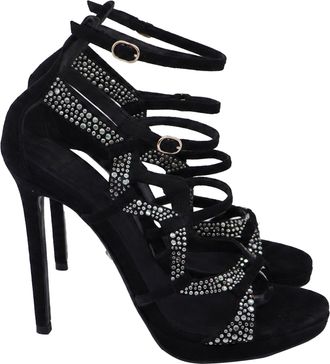 Versace Crystal Embellished Gladiator Sandals in Black Suede