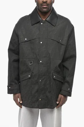 Fendi Padded Utility Jacket with All-Over Monogram and Leather Collar Fendi