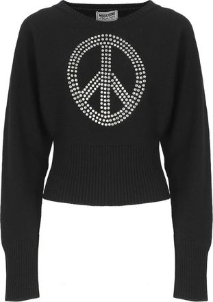 Moschino Zwarte trui met Peace logo - Dames - Ronde hals truien - Zwart - M - Wol - Truien & Vesten