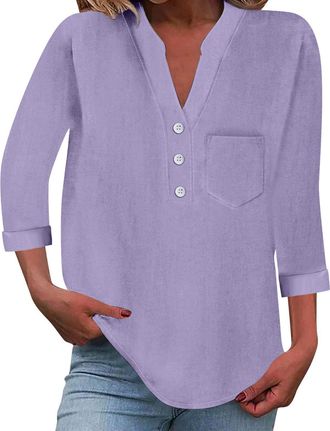 Generic Cotton Linen 3/4 Sleeve T Shirts for Women UK Summer Plus Size V Neck Button Plain Trendy Blouses Loose Fit Casual Tunic Tops with Pocket (Light Purpl