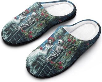 Generic Romantic Gothic Skeleton Lovers Castle Womens Slippers Warm House Slippers Indoor House Shoes with Anti-Skid Rubber Sole