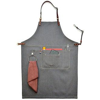 OEM Delantal De Mezclilla Gris Neutro Con Correa De Cuero, Delantal Protector Con Bolsillos, Talla M-crezuo