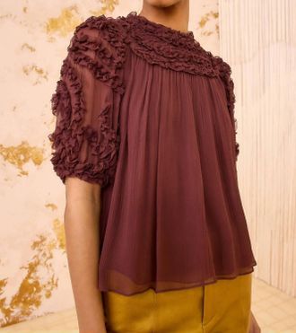 Ulla Johnson Isolda Silk Smocked Short Sleeve Blouse In Mahogany
