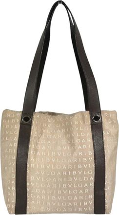Bulgari Logomania Beige Canvas Leather Shoulder Bag Tote Bag (Pre-Owned)