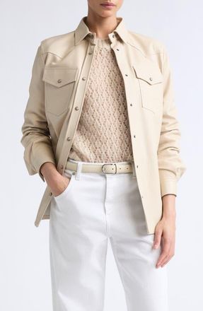 Eleventy Lambskin Leather Snap Front Shirt in 150 Cream at Nordstrom, Size 42