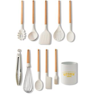OEM Juego De 10 Utensilios De Cocina De Silicona Con Mango De Madera Y Dise&ntilde;o De Chocolate Con Leche Blanco: Esp&aacute;tula Y Cuchara Antiadherentes -crezuo