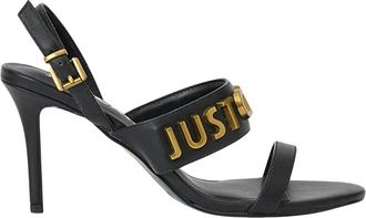 Just Cavalli Gouden logoslipper - Dames - Sandalen met hakken - Zwart - 37 EU - Leer - Schoenen