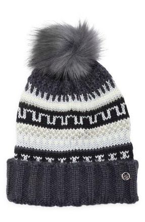 Ted Baker Fair Isle Beanie with Faux Fur Pompom in Black at Nordstrom Rack
