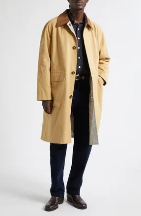 Drake's Reversible Linen & Cotton Mackintosh Coat in Beige Check at Nordstrom, Size 42