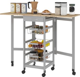 HOMCOM Carrello Portavivande Con 3 Cestini, Cassetto E 2 Ribalte Grigio E Rovere - Homcom