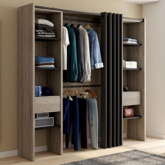 IDMarket Meryl 120/180 X 180 Cm Madera Y Negro Armario Doble Extra&iacute;ble Con Cortina + Doble Espacio Para Colgar + Estantes