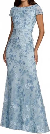 Mac Duggal Floral Applique Boat Neck Cap Sleeve Gown In Powder Blue