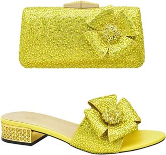 Generic Womens Low Heels Slip On Sandals and Full Rhinestone Sparkly Handbag Matching Set for Wedding Bride Party