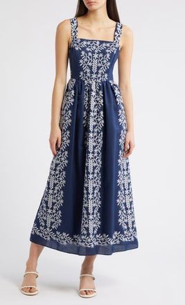Julia Jordan Embroidered Square Neck Dress in Navy Ivory at Nordstrom, Size 12