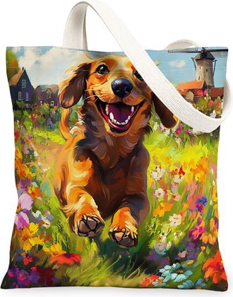 Generic Spring Dachshund Dog Canvas Tote Bag for Shopping 13x15, Country Garden Puppy Reusable Grocery Print Pattern Bag for Women, Fun Flower Pet Beach Aesth
