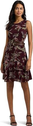 Lauren Ralph Lauren Floral Crinkle Georgette Dress Womens Dress Burgundy : 2, Polyester