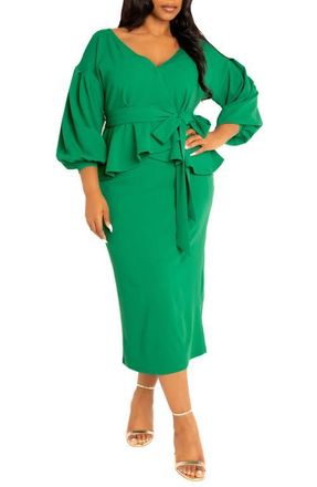 Buxom Couture Convertible Shoulder Belted Peplum Midi Dress in Green at Nordstrom, Size 0X