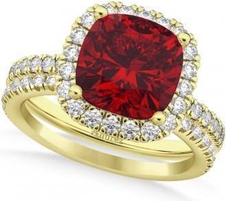 Allurez Ruby & Diamonds Cushion-Cut Halo Bridal Set 14K Yellow Gold (3.38ct)