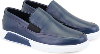 Desa Mens Leather Slip-Ons - Leather Sole, Flat Heel, Breathable | Navy - 42