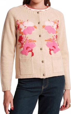 Frances Valentine Wool Tulip Bouquet Cardigan In Oatmeal/pink