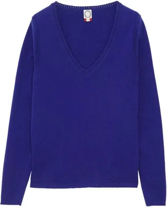 Ines De La Fressange Truien & Vesten, Dames, Blauw, L, Wol, Blauwe V-hals Trui Linnen/Wol Mix