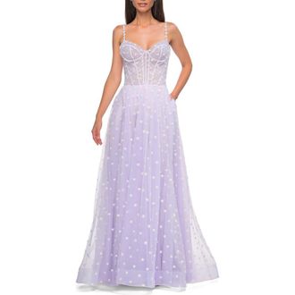 La Femme Polka Dot Tulle Prom Dress with Sheer Corset Top in Light Periwinkle at Nordstrom, Size 10