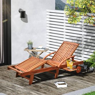 OUTSUNNY Wood Sun Lounger Chaise Bed Back Footrest Patio Furniture w/ Wheels in Natural