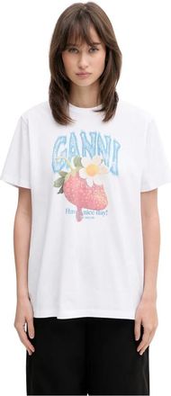 Ganni Tops, Dames, Wit, M, Katoen, Bedrukte T-shirt