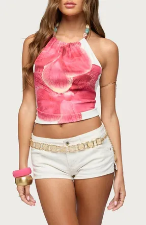 Edikted Beaded Open Back Halter Top in White-And-Pink at Nordstrom, Size X-Large