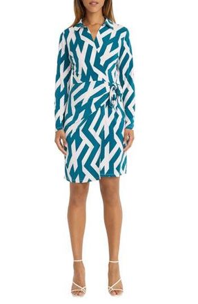 Donna Morgan Print Long Sleeve Wrap Shirtdress in Teal/Cream at Nordstrom Rack, Size 2