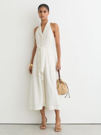 Reiss Halterneck Belted Midi Dress With Linen, 18