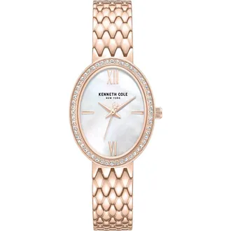 Kenneth Cole Oval Mother-of-Pearl & Crystal Bracelet Watch, 25mm x 38mm in White/rose Gold at Nordstrom