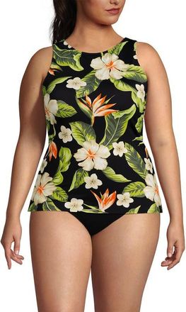 Lands End High Neck UPF 50 Modest Tankini Top Swimsuit in Hibiscus Floral/black at Nordstrom, Size 26W