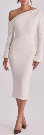 House of CB Arista Pleated One-Shoulder Long Sleeve Cocktail Dress in Vintage Ivory at Nordstrom, Size X-Small
