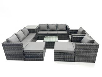 Fimous 10 Seater Patio Lounge Sofa Set with Side Table 2 Big Footstool in Dark Grey