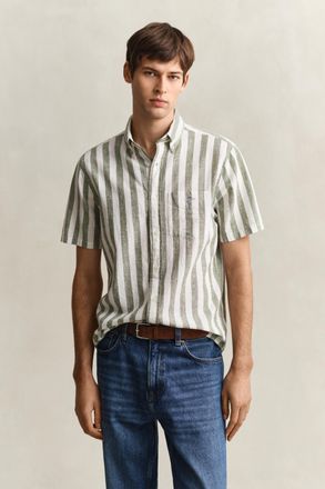 GANT Men Striped Linen Blend Short Sleeve Shirt (XXXL) DRY HERB GREEN