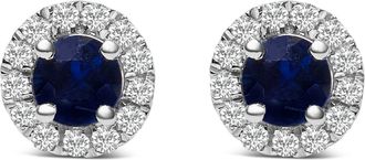 House of Brilliance 10K White Gold 3.25mm x 3.25mm Round Blue Sapphire and 1/10 Cttw Diamond Halo Stud Earrings