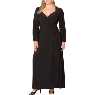 Kiyonna Modern Muse Long Sleeve Wrap Gown in Black Noir at Nordstrom, Size 0X
