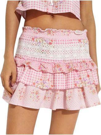 LoveShackFancy Katoenen geruite bloemenrok - Dames - Korte rokken - Roze - XL - Katoen - Rokken