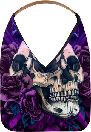 Generic Purple Flower Skull Head Reusable Lightweight Grocery Bags - Foldable Into Compact Pouch, Washable & Sturdy, Multipurpose for Shopping and Travel