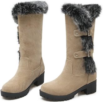 Generic Womens Lined Winter Boots in A Suede Look, Warm Mid-Calf Boots with Fur Trim And Double Straps, Non-Slip Block Heel Snow Boots for Everyday Wear And O