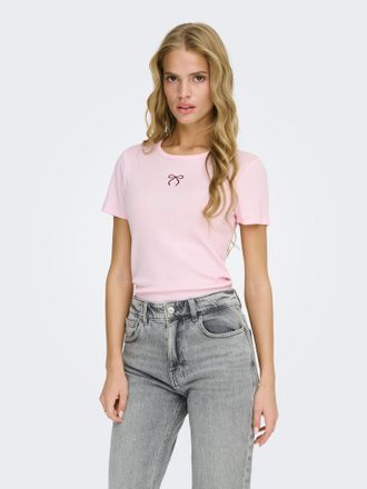 Only Kurzarmshirt ONLY ONLELVA JUNE EMB S/S TEE JRS NOOS, Damen, Gr. XL, ballerina detail:zinfandel bow, Jersey, Obermaterial: 65% Polyester, 30% Viskose, 