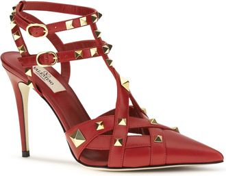 Valentino Garavani Womens Studdy D&eacute;collet&eacute; Kidskin Bright Red Goatskin-Hircus Goatskin Sandal Goatskin/hircus
