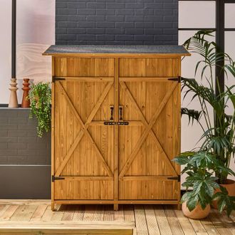 Sweeek 140 Cm Garden Shed In Fir Wood 4 Storage Spaces in Light Brown
