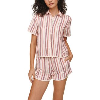 Bella Dahl Stripe Frayed Short Sleeve Linen Blend Button-Up Shirt in Sunset Stripe at Nordstrom, Size X-Small